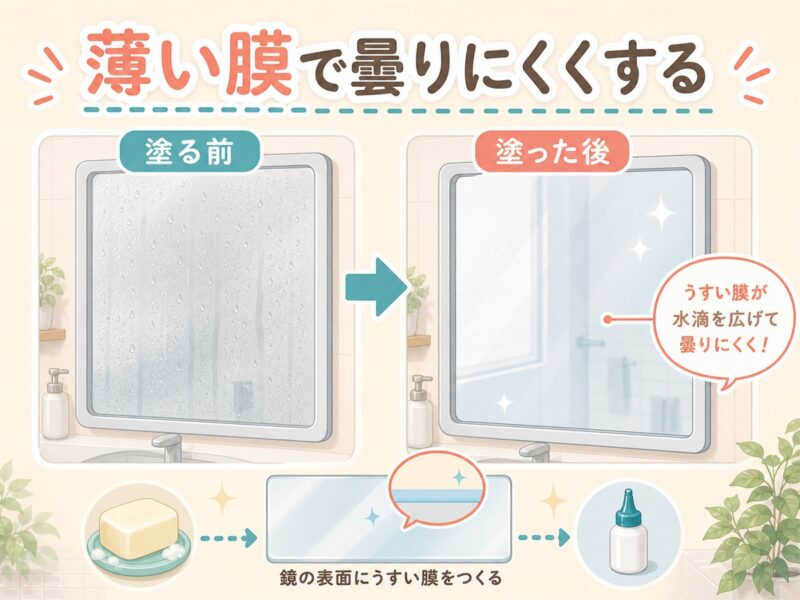 お風呂の鏡の曇り止め方法は薄い膜を作るのがポイント