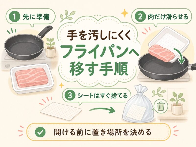 手を汚しにくくお肉をフライパンへ移す手順