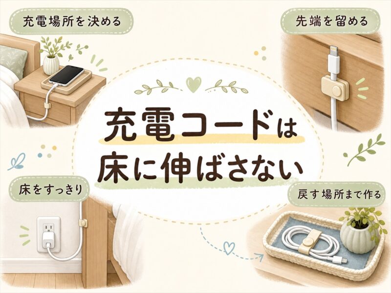 充電器とコードは「床に伸ばさない」配置にする