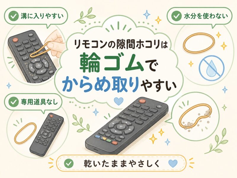 リモコンの隙間ホコリは輪ゴムでからめ取りやすい