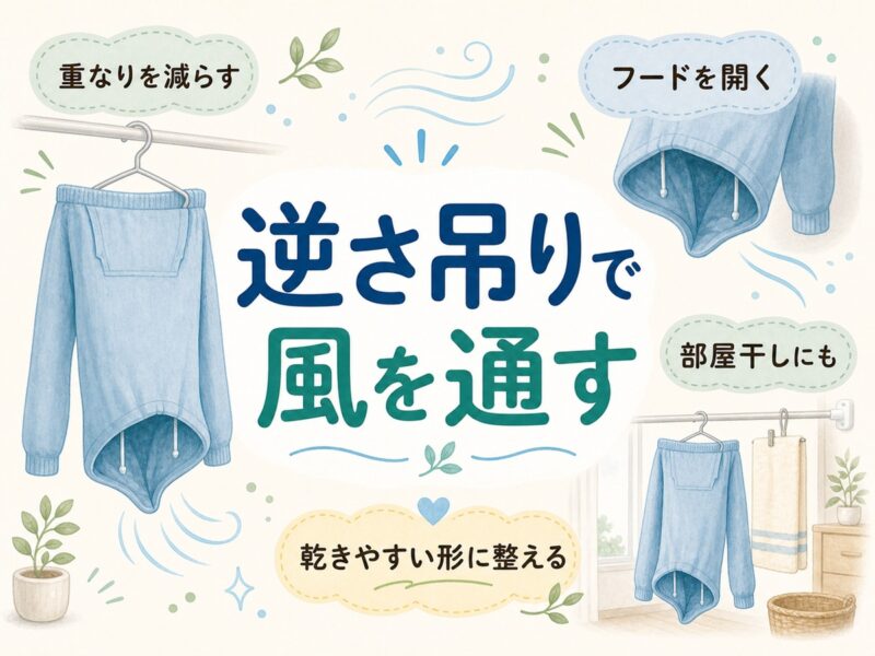 パーカーのフードは逆さ吊りで風を通しやすくする