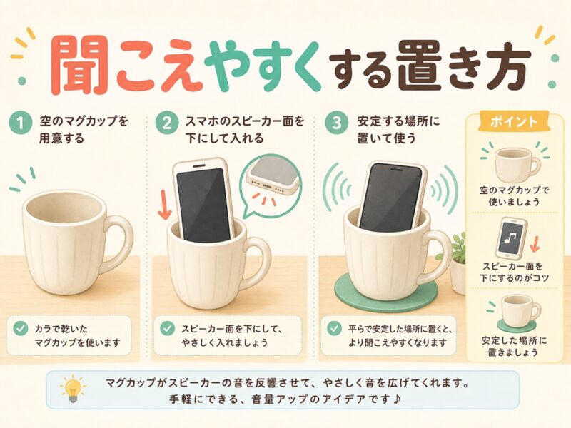 マグカップでスマホ音量を聞こえやすくする置き方