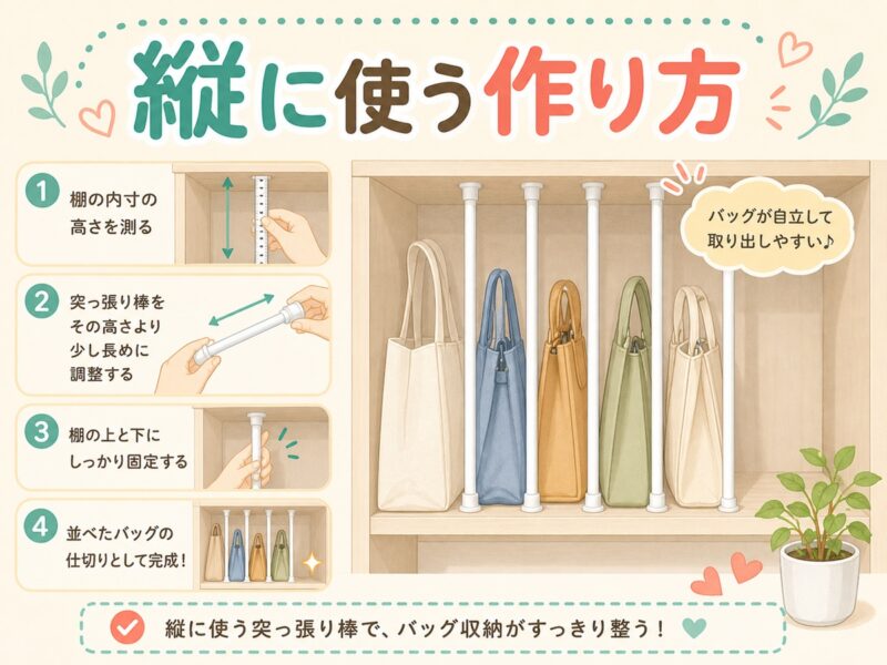 突っ張り棒を縦に使うバッグ収納の作り方