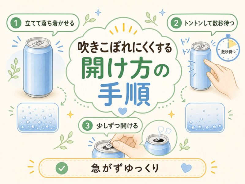 炭酸飲料を吹きこぼれにくくする開け方の手順
