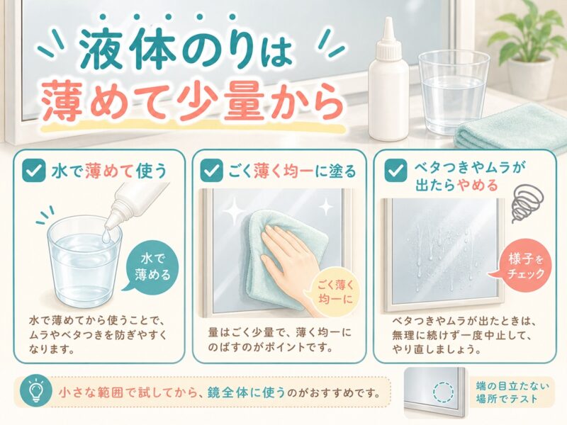 鏡の曇り止めに液体のりを使うときの注意点