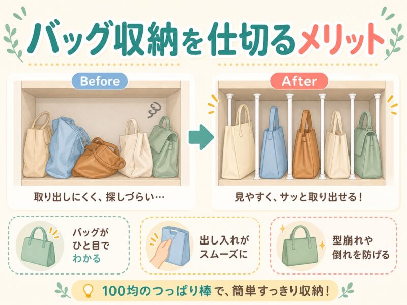 100均の突っ張り棒でバッグ収納を仕切るメリット