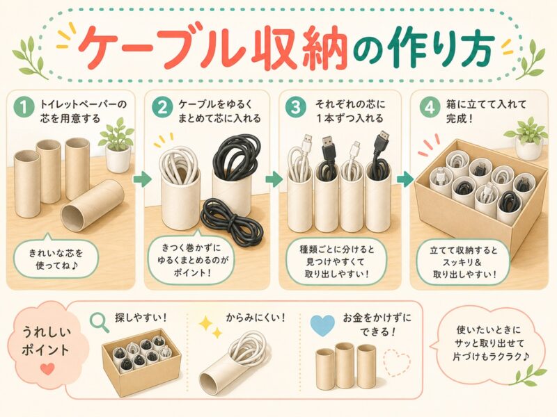 トイレットペーパーの芯を使ったケーブル収納の作り方