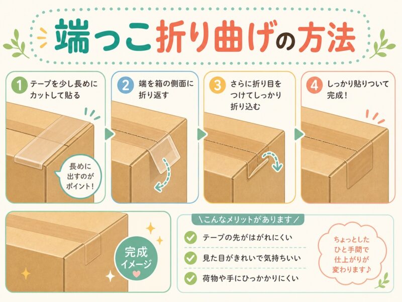 段ボールにテープを貼るときの端っこ折り曲げの方法